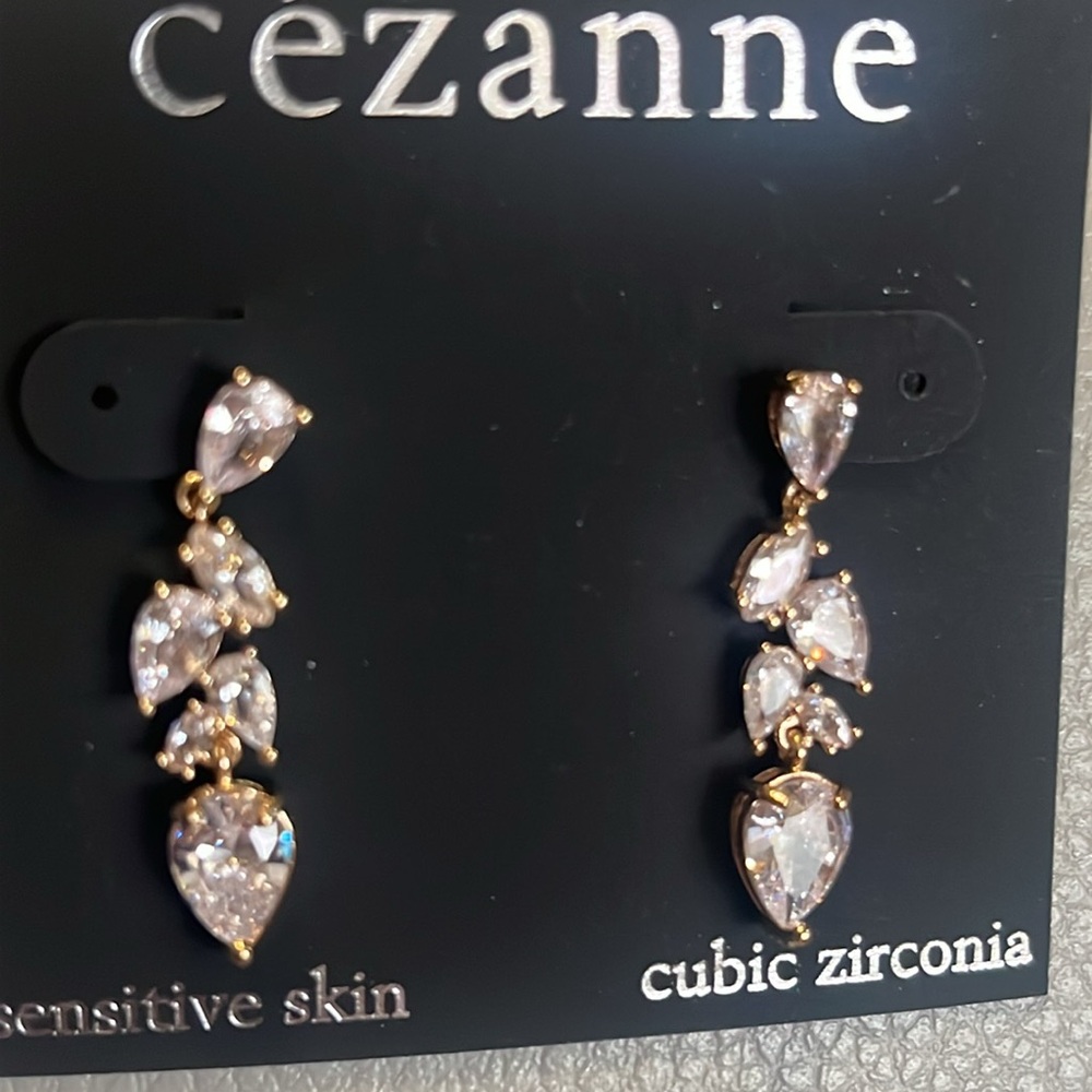 Cezanne cubic zirconia dangle earrings with gold plated post for sensitive skin.